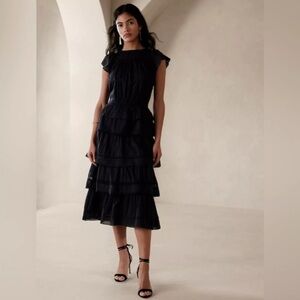 Banana Republic Selene - Black Tiered Midi Dress with Flutter Cap Sleeves